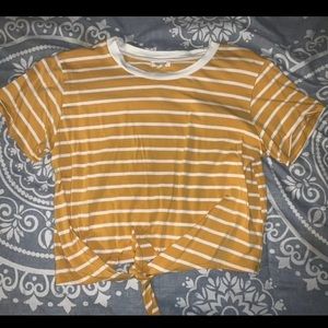 Women's yellow and white Short Sleeve Striped Knot Front T Shirt